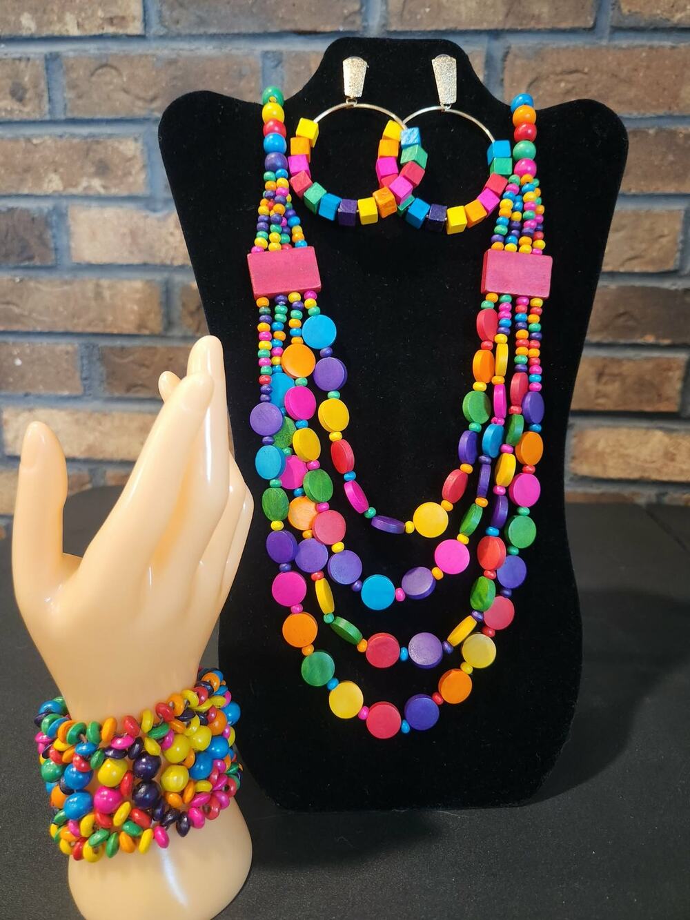 Bohemian Style Jewelry Set Colorful Wooden Discs & Beads